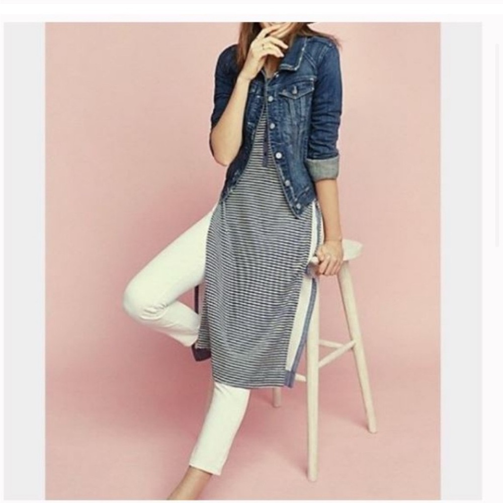 Postmark Anthropologie XL navy white striped long henley slit top